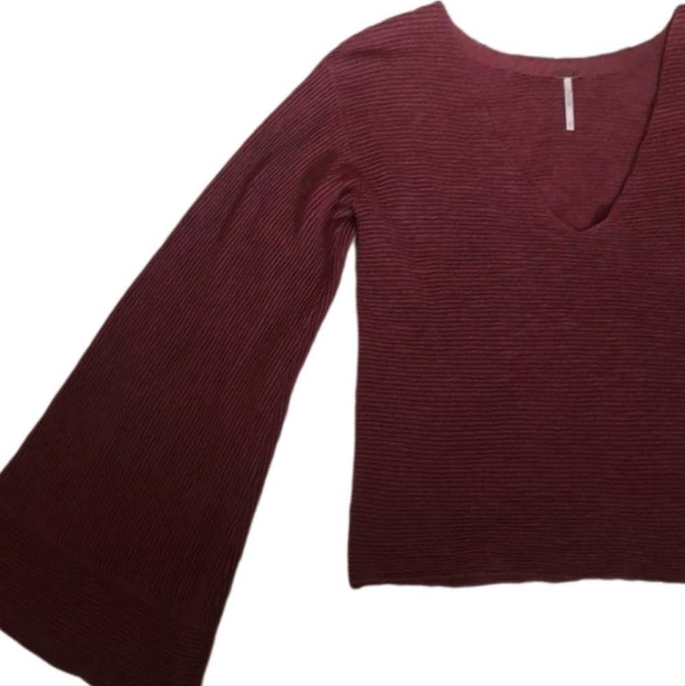 FREE People Starman Ribbed Burgundy Wool Blend Top Bell Flared Sleeves Small - Picture 6 of 10